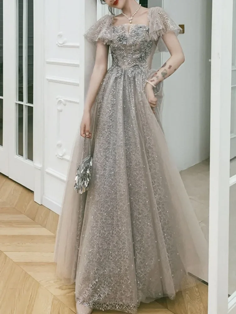 Customized French Style Temperament Square Collar Wedding Party Robe Puff Sleeve Sequined Design Prom Dress Slim Fit New Evening