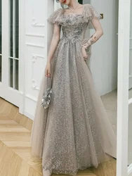 Customized French Style Temperament Square Collar Wedding Party Robe Puff Sleeve Sequined Design Prom Dress Slim Fit New Evening