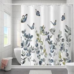 Butterfly Floral Bathroom Curtain Elegant Backleaf Shower Curtain Bathroom Polyester Waterproof Fabric Trim Hooks  Bath Curtain