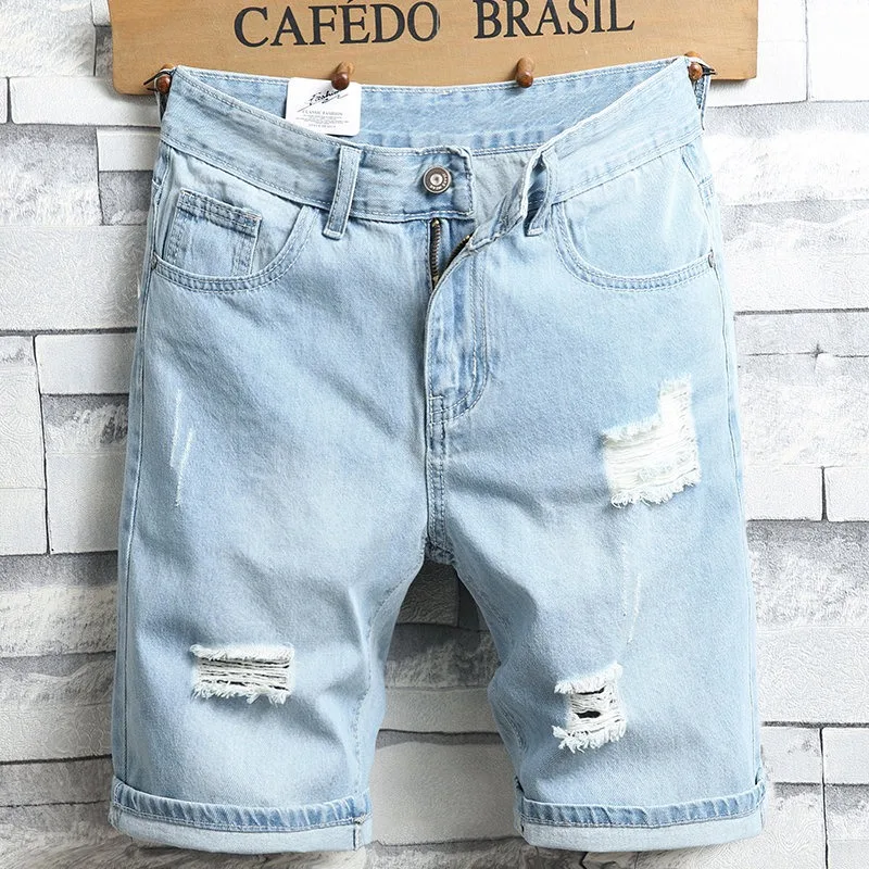 Fashion Shorts Jeans Men Summer Streetwear Casual Light Blue Slim Fit Straight Knee Length Denim Pants