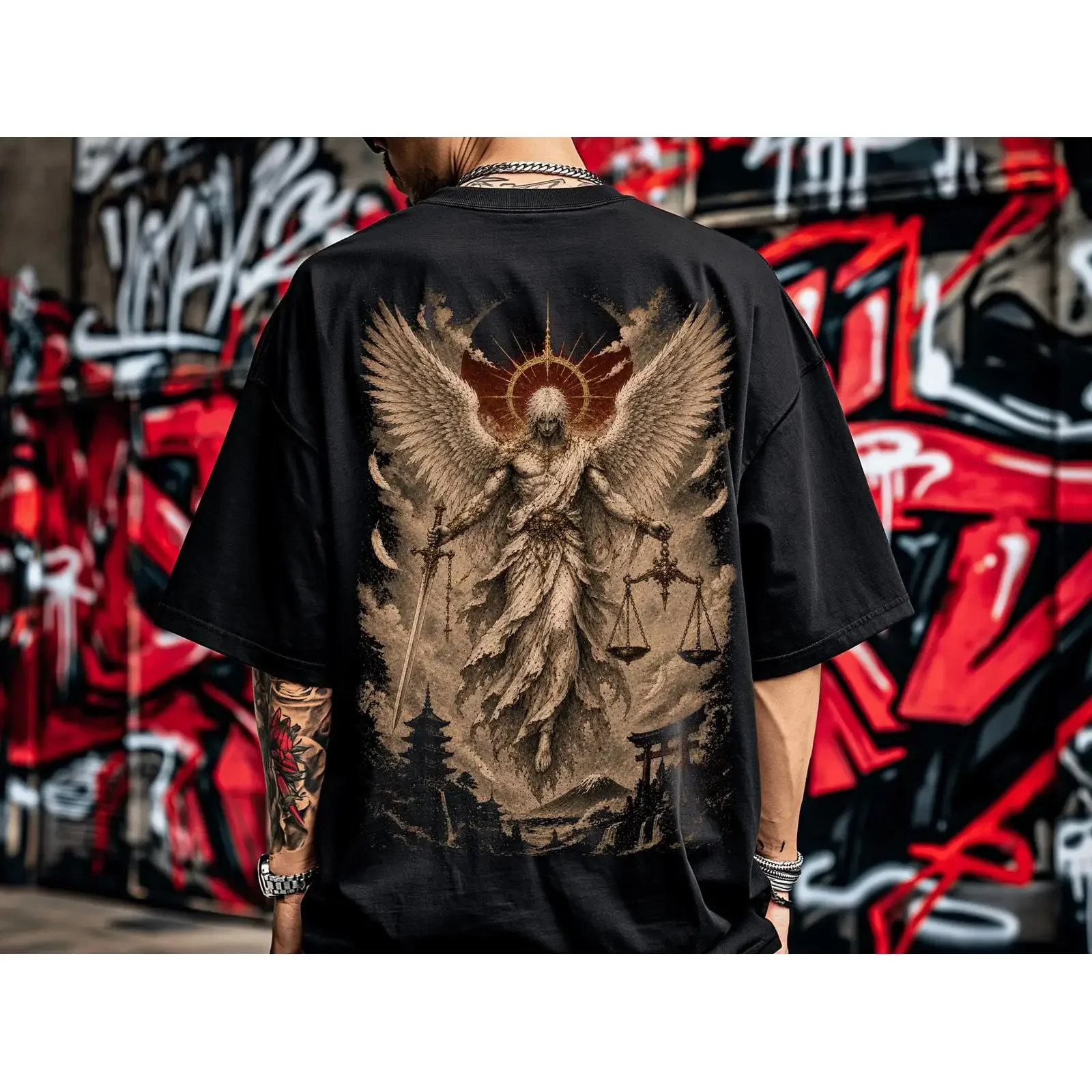 Celestial Judge Angel of Justice Oversized T Shirt Divine Dark Academia Streetwear vintage Washed Stylish Slightly Versatile