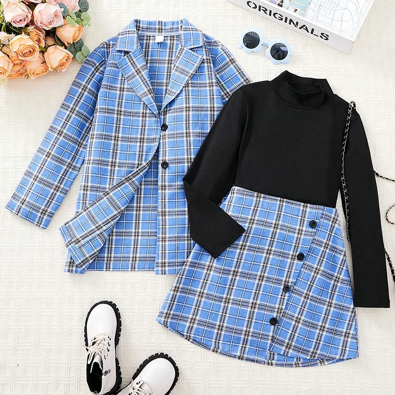 Three Piece Set Of Winter Cute Girl Warm Plaid Suit Jacket Half Skirt Princess Birthday Party Wedding Children's Clothing