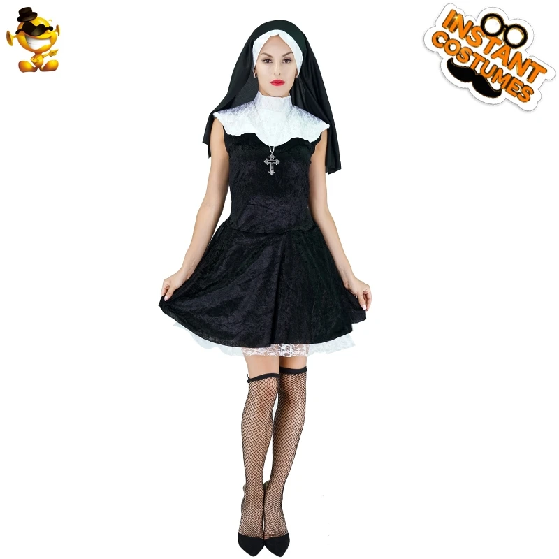 Nun Costume for Women Cross Necklace Short Black Dress Hooded Set clothing Halloween Cosplay Party