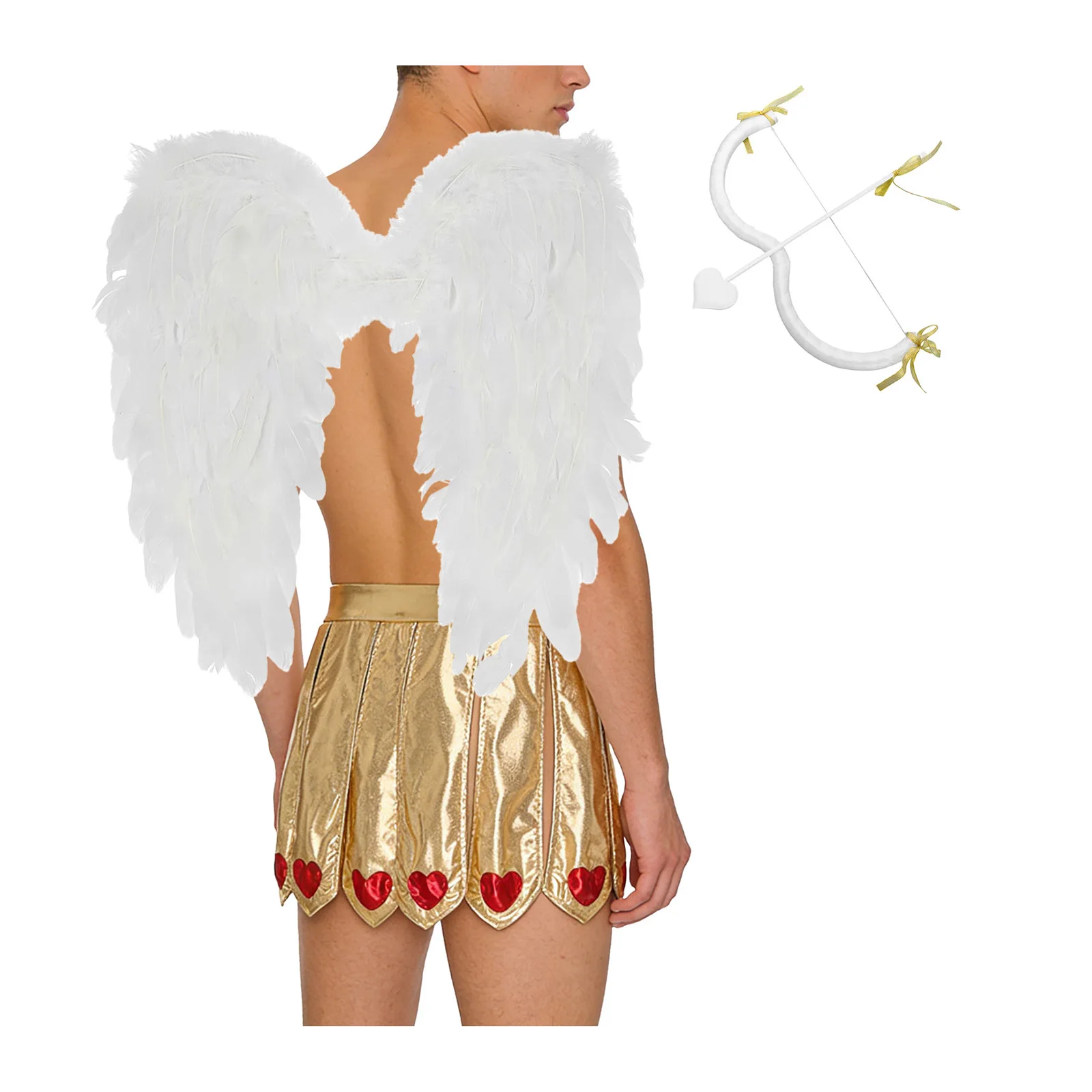 

Men Cupid Halloween Cosplay Costume Wet Look Chest Harness Mini Skirt And Bow Heart Arrow Feather Wings Set for Dress-up Party