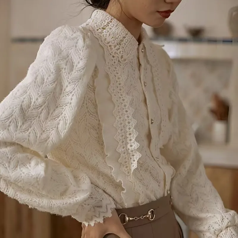 Vintage Elegant Lace Shirts Spring Autumn Women Sweet Long Sleeve Pearl Button Embroidery Blouses Office Lady Chic Ruffles Tops