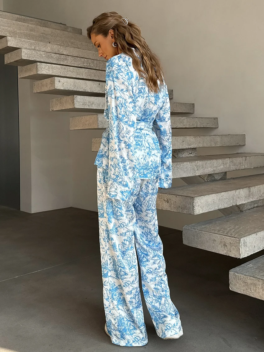 Marthaqiqi Printing Female Sleepwear Set Long Sleeve Robe Turn-Down Collar Pajamas Lace Up Nightgown Pants Casual Nightwear Suit