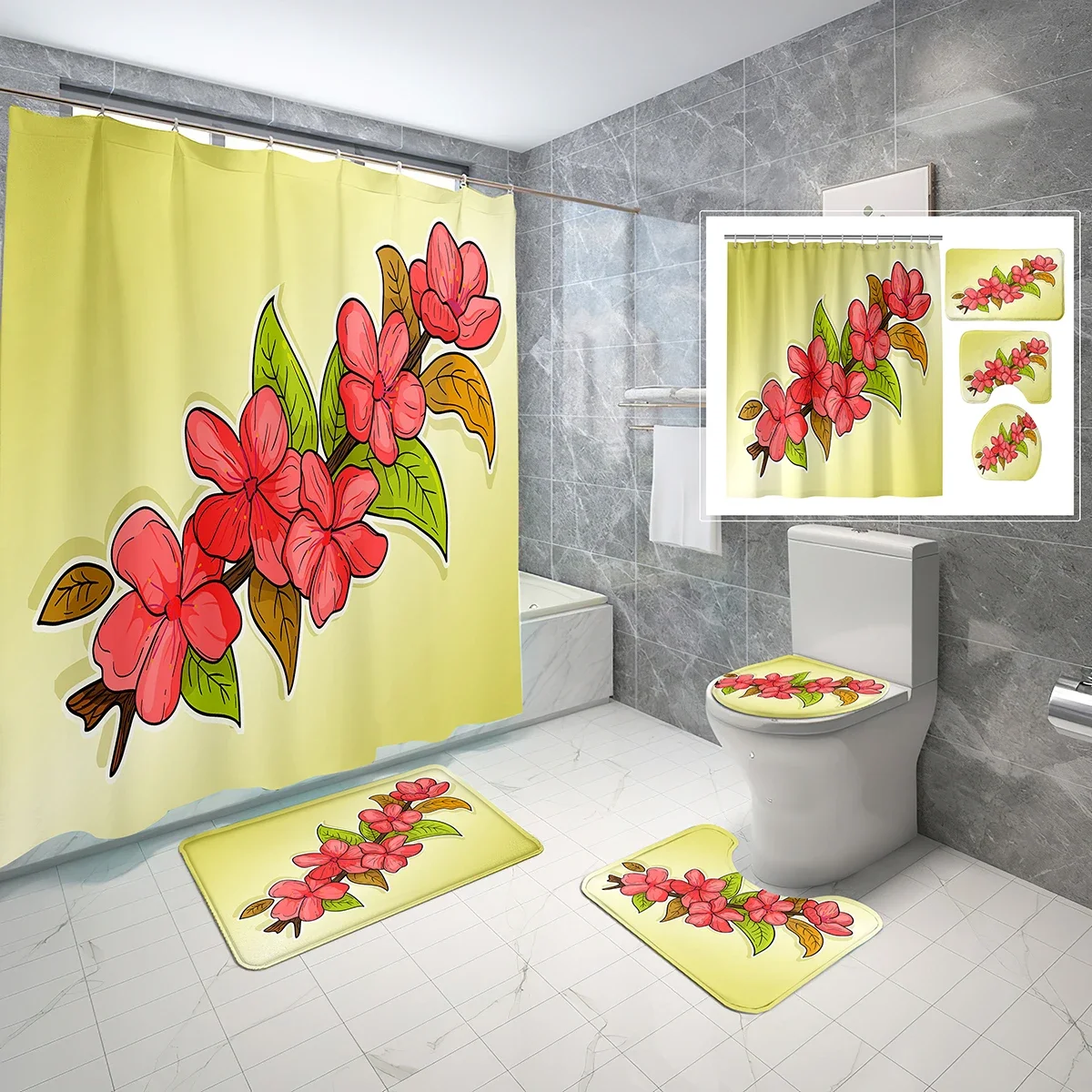 

4 Piece Plum Blossom Shower Curtain Sets Trees Branch Red Floral with Non-Slip Rugs Toilet Lid Cover and Shower Curtain Set