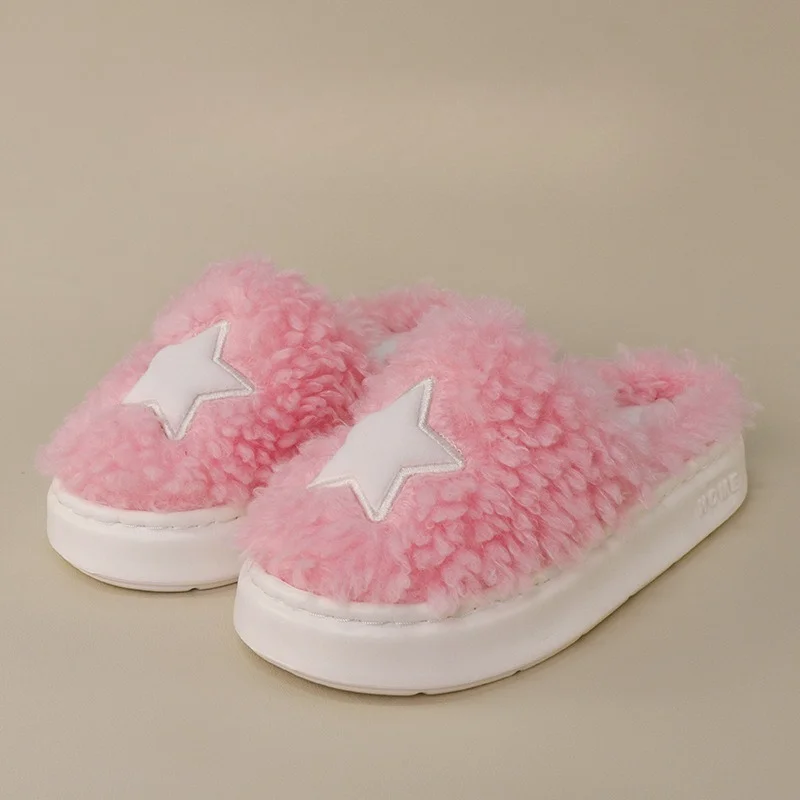 New Men's and Women's High-end Five-pointed Star Thick-soled Cotton Slippers for Indoor Home Non-slip Warm Furry Slippers