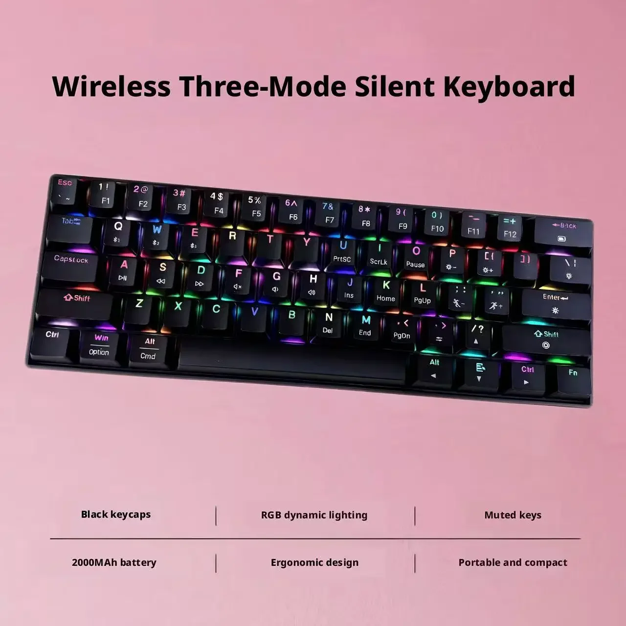 Mini 61Key Wireless Tri-mode Keyboard Bluetooth RGB Backlight Silent Mechanical Feel Portable Film Keyboard For Game Office Home