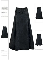 Women's A-line Denim Pleated Skirt Vintage 90s Aesthetic Y2k Long Jean Skirt Harajuku Korean Cowboy Skirts 2000s Clothes Summer