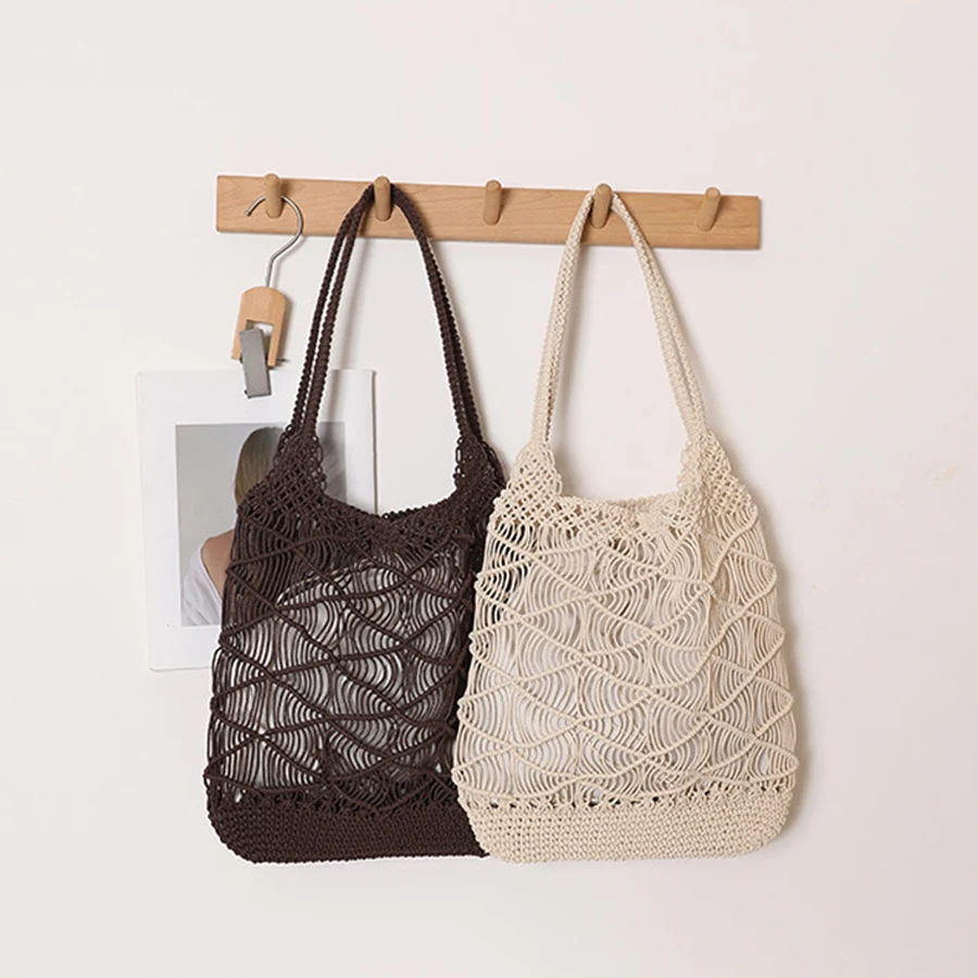 

Модная вместительная сумка через плечо из вощеной веревки, новая повседневная сумка в полой плетеной технике, соломенная сумка для женщин, пляжная плетеная сумка.