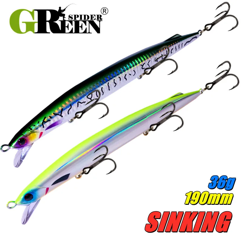GREENSPIDER Neuer Trolling-Sinking-Hardbait Minnow-Angelköder 190mm 36g Weitwurf-Jerkbait für Salzwasser, geeignet für Seebarsch und Thunfisch