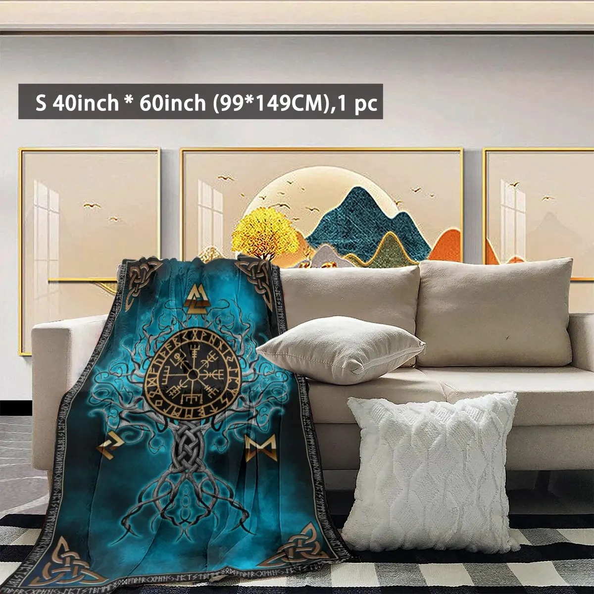 Viking Yggdrasil Rune Flannel Blanket, Teal Black Norse Tree Celtic Knot Print Soft Throw Bedroom Sofa Retro Ethnic Home Decor