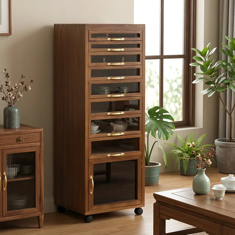 Tea set storage cabinet Solid wood drawer Medieval cultural play locker Floor side cabinet Tea Tea cup placement