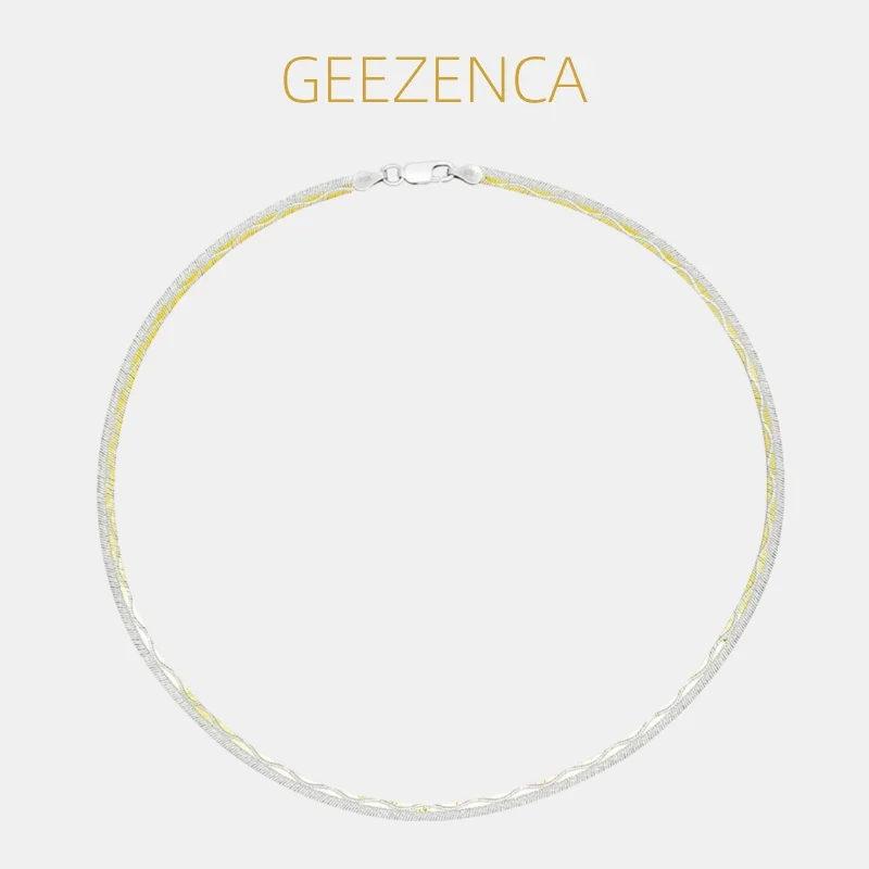 GEEZENCA Italian Jewelry 925 Sterling Silver Two Toned Blade Wavy Choker Necklace Women Shiny Trendy 40CM Layered Necklaces Gift