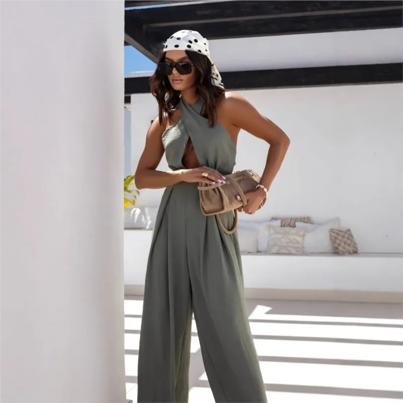 Sexy Solid Sleeveless Jumpsuit Spring Summer Fashion Commuter Women's Elegant Lapel Halter Neck Folds Wide Leg Trousers Jumpsuit