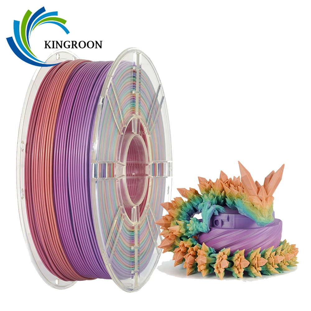 KINGROON Silk PLA Plastic 1kg 1.75mm, New Multicolor Gradient 3D Printer Filament Rainbow PLA Color Chnage, Transparent Spool