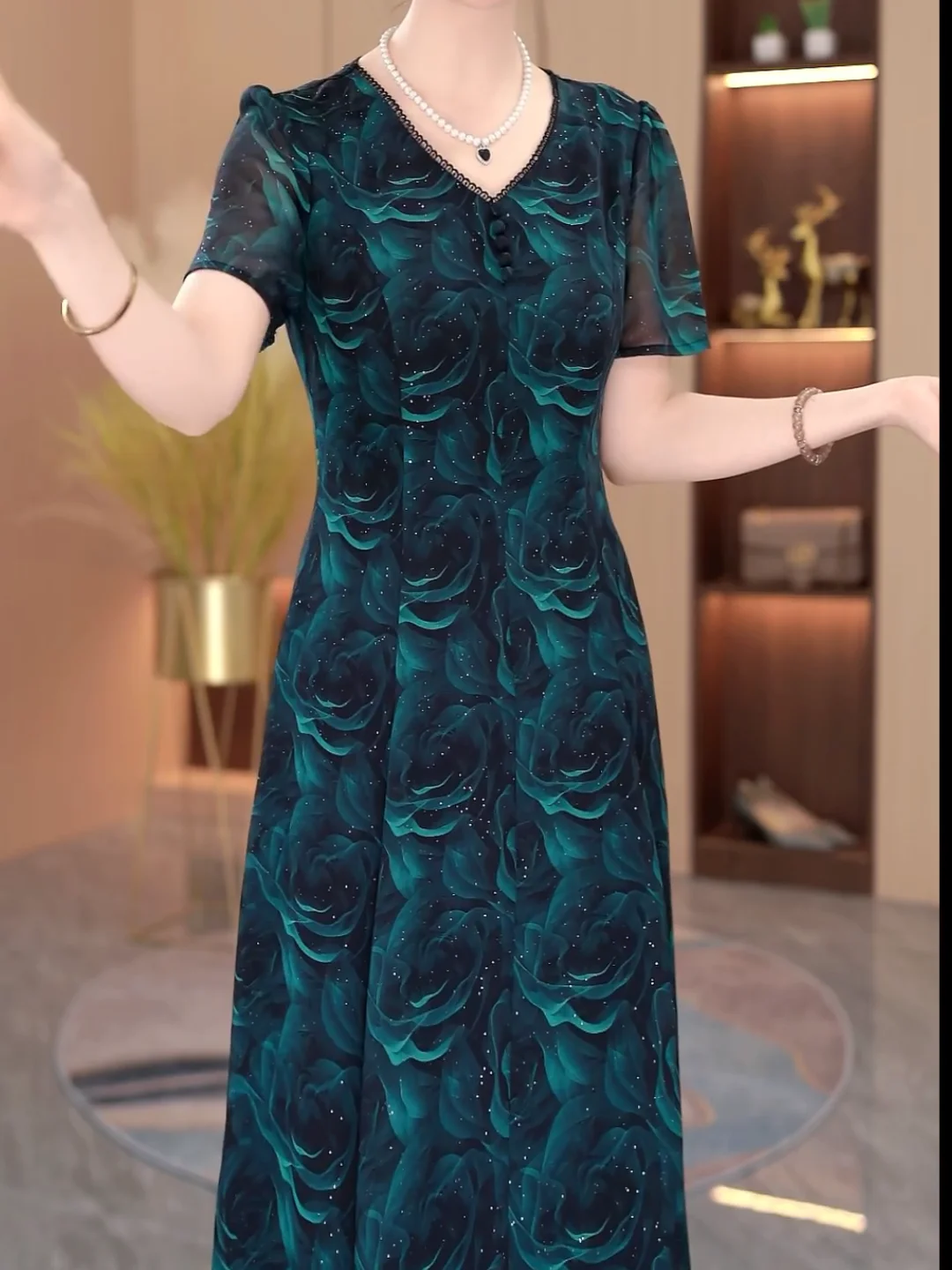 Ele Floral Print Slim Fit Midi Dr Luxury mat Sle Falda acampanada de cintura alta ort Sve V-Ne Daily Wear Summe...