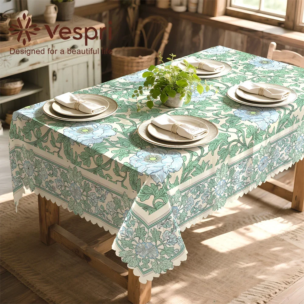 Floral tablecloth, round, rectangular, oval shape, decorated with green and white, green leaves and flowers.yzb