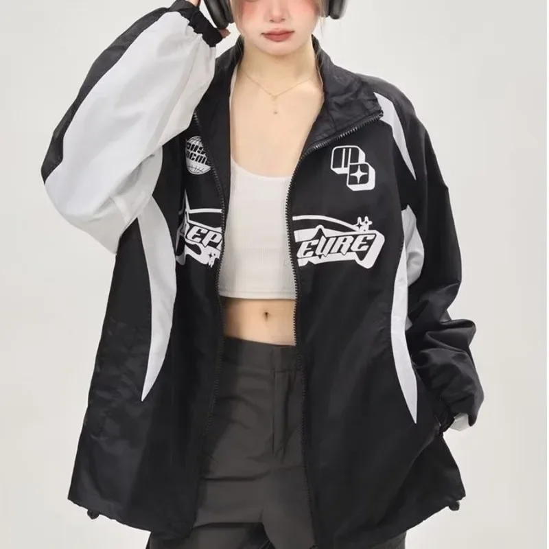 Deeptown-Vintage Racing Jacket for Women, Oversized Streetwear,Korean Fashion, Windbreaker, Hippie Motorcycle Jackets, Y2k, Autu