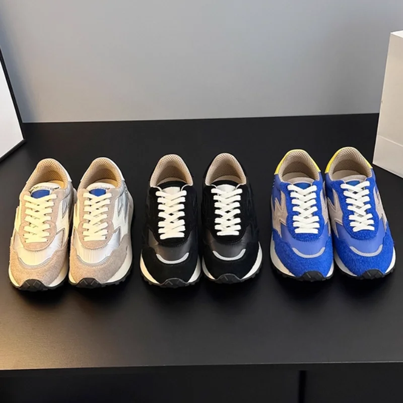 

2025 New Genuine Leather Color-Block Lace-Up German-Style Casual Sneakers for Couples, Trendy Versatile Thick-Soled Height-Incre