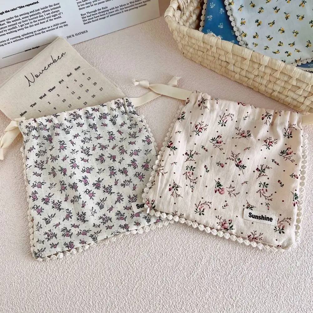 Small Cloth Bag Printing Stationery Bag Flower Dust-proof Cosmetic Bag Jewelry Storage Bag Drawstring Bundle Pocket Makeup Bags