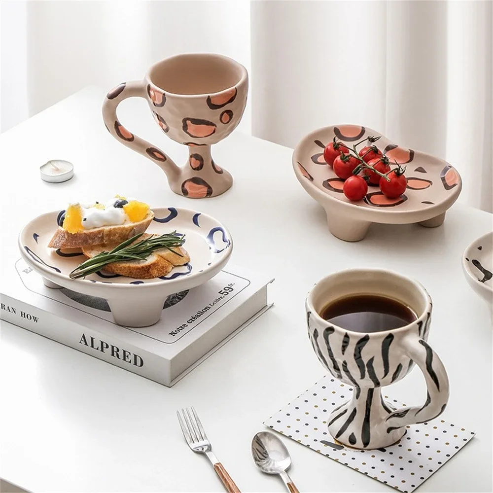 Personalized Ceramic Dessert Plate Kitchen Supplies Irregular Tableware Tray Cup Leopard Ink Printing Storage Plate Tableware