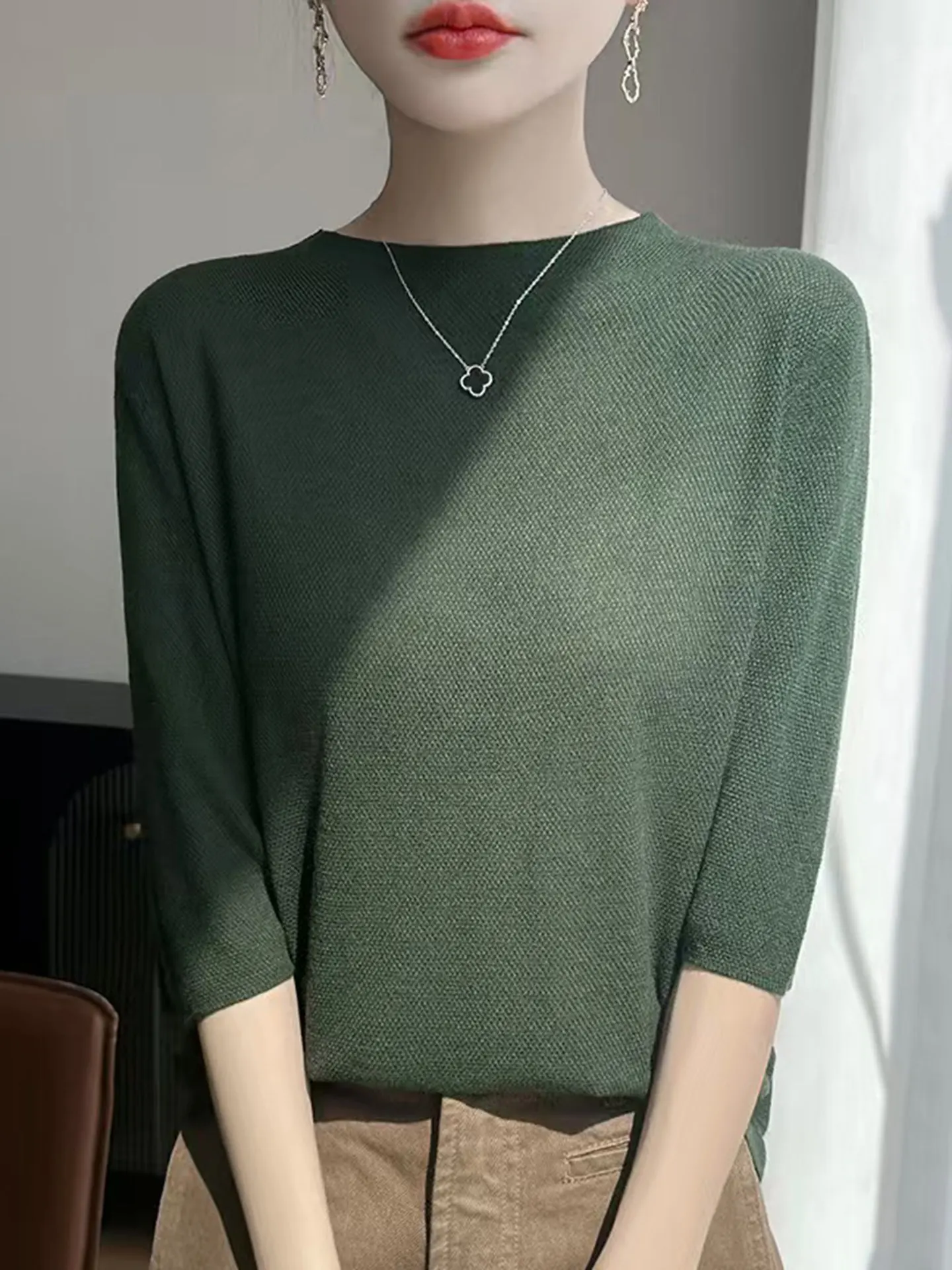 

Женский зеленый вязаный свитер свободного кроя с круглым вырезом, рукавом 3/4, дышащий, мягкий трикотаж