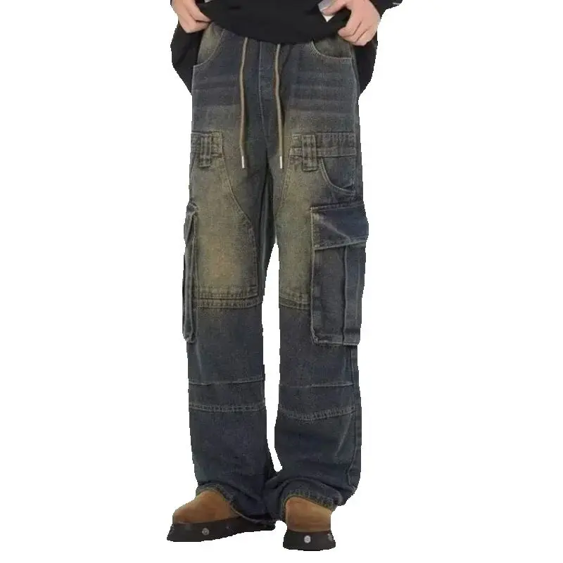 

Fashion High Street Jeans Men Retro Washed Elastic Eaist Straight Wide-leg Pants Denim Trousers Bottoms Plus Size XXXL