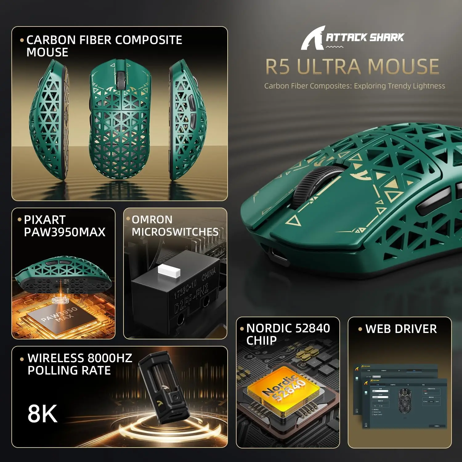 

MAMBASNAKE x ATTACK SHARK R5Ultra 8K Carbon Fiber Wireless Gaming Mouse with 42000 DPI -PAW3950 MAX Sensor