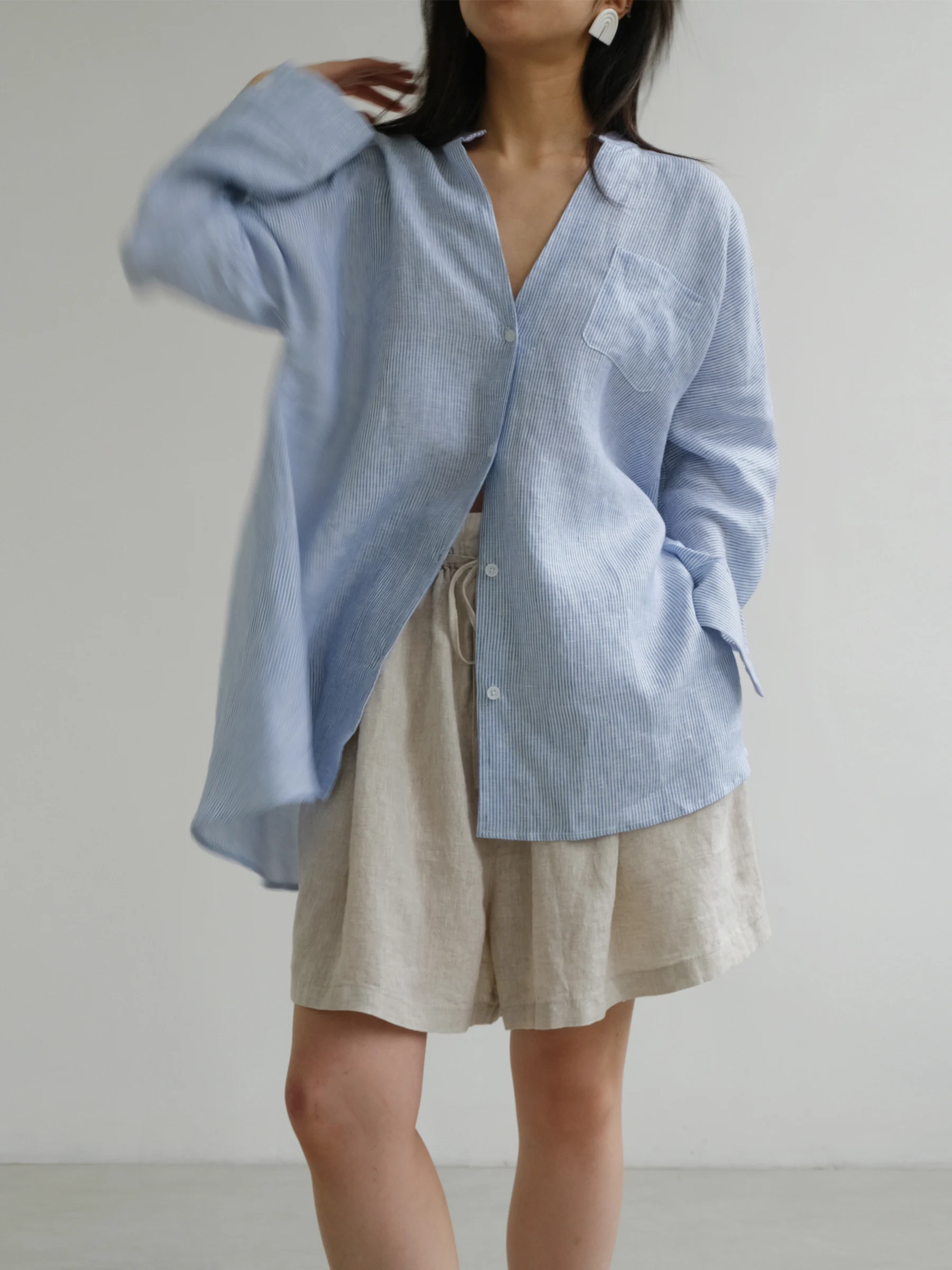 

Pure Linen Loose Fit V-Neck Umbrella Design Striped Shirt Japanese Style Stand Collar Sun Protection Air Conditioning Top