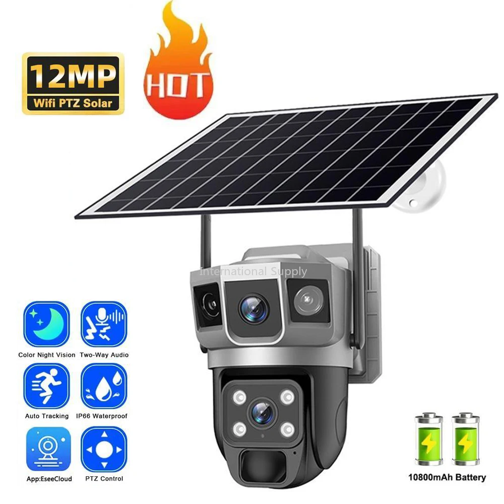 12MP WIFI PTZ Solar Camera Dual Lens Three Screens Camera PIR Human Tracking Outdoor WIFI Security CCTV Surveillance IP Camera