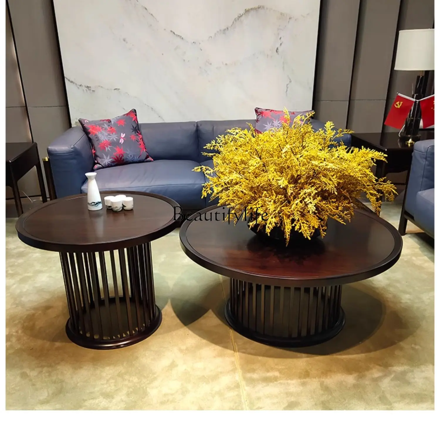 

New Chinese minimalist ebony solid wood round coffee table combination modern minimalist light luxury style