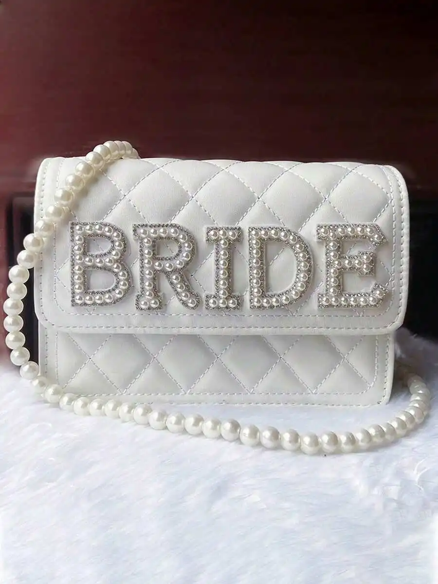 

Pearl Letter Embellished Quilted Clutch Bag For Wedding Party Evening