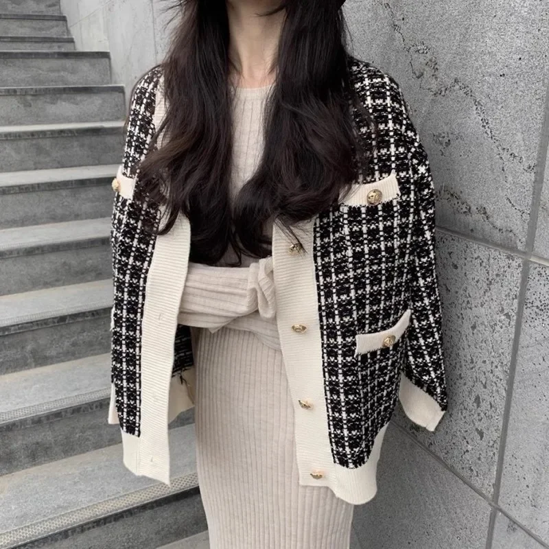 

Vintage Chic Loose Knitted Women Cardigan Autumn Winter Single-breasted Plaid Sweater Female Streetwear Knit Tops