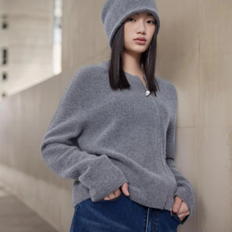 

Новый кардиган из 100% чистой шерсти, женский однотонный свитер с круглым вырезом и двойной диагональной молнией, вязаное пальто