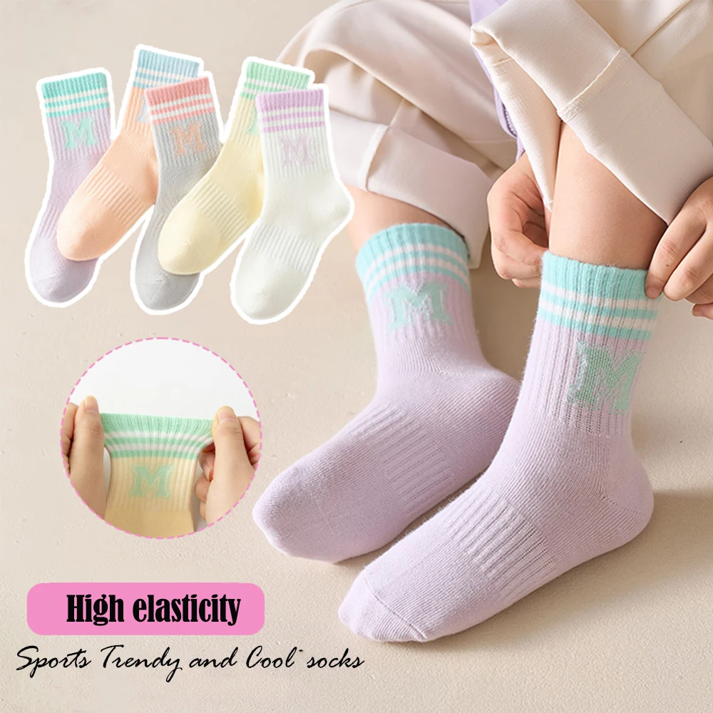 Random3/5 pairs 1-14Years Colorful Colors Mid-tube Socks Cartoon Letters Moisture Absorption And Breathability Sports Socks