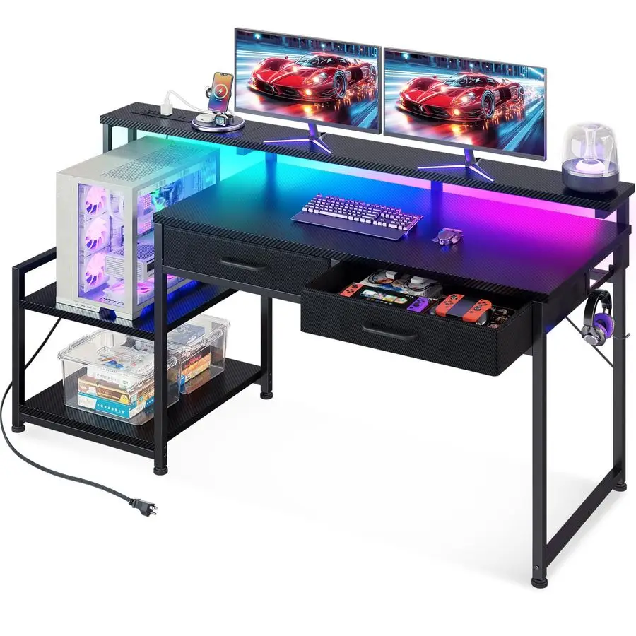 

Игровой стол с LED-подсветкой и розеткой, 55-дюймовый компьютерный стол с ящиками, офисный стол с большой полкой для хранения