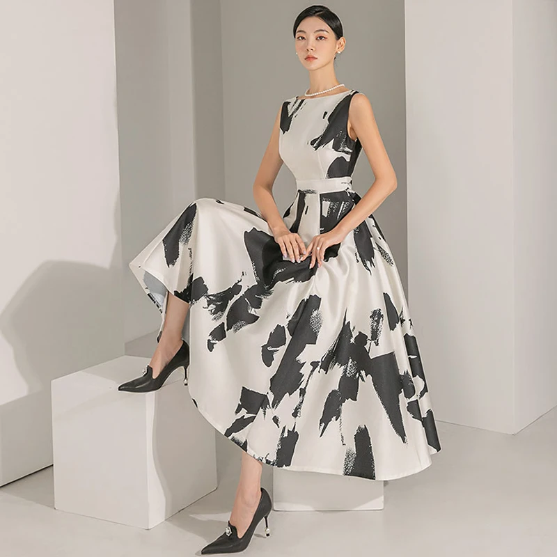 Elegant Summer White Black Contrast Color Print Mid Dress Runway Women O Neck   Sleeveless Tank A Line Slim Waist Holiday Office