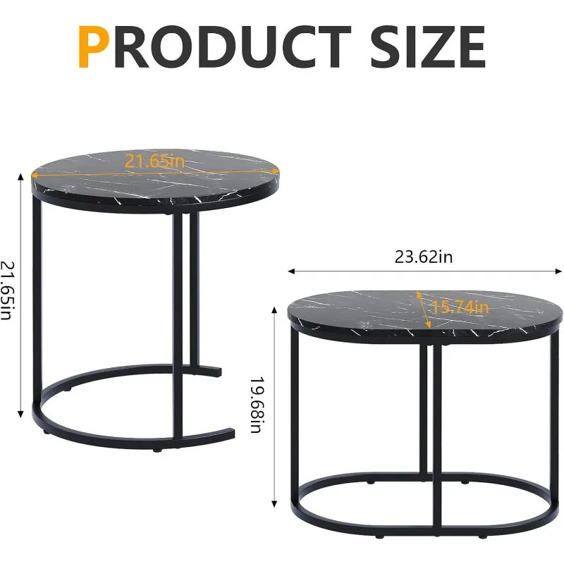 Nesting Coffee Table Set of 2 Modern Round  Faux Marble Wood Table,Side Table Gold Metal Frame Oval End Table Small