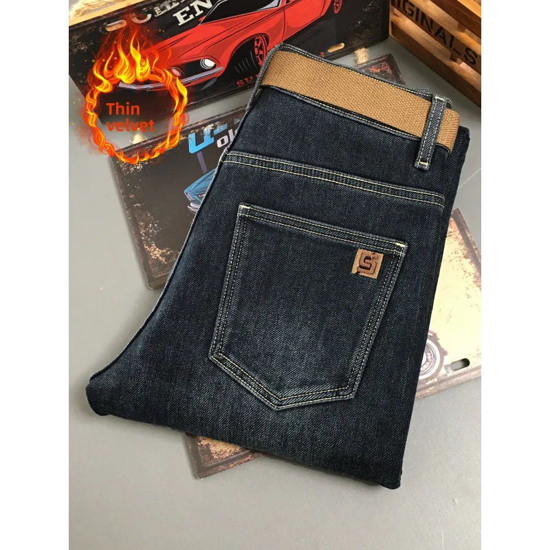 

Теплые джинсовые мужские джинсы зимы 2025, приталенного кроя, маленьких ножек, синие, минималистичные, высококачественные флисовые брюки с начесом.