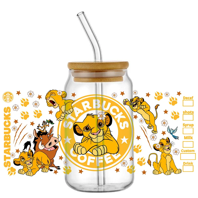 Miniso Cartoon Lion King Pattern UV DTF Transfer Sticker trasferimenti impermeabili decalcomanie per adesivi avvolgenti in vetro da 16 once