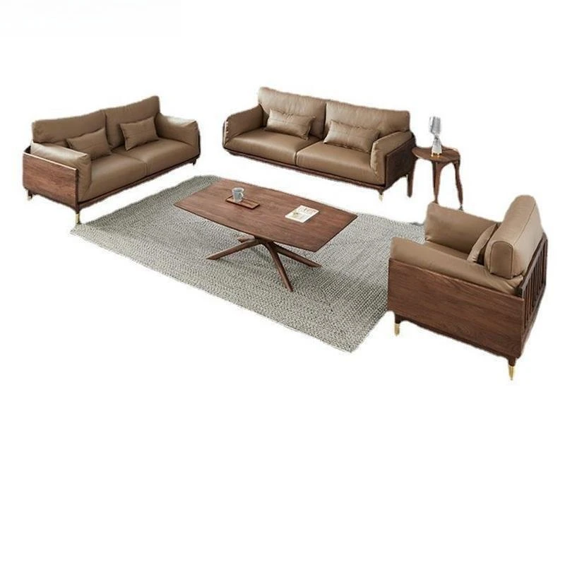 

North American black walnut full solid double wood sofa, modern simple leather living room furniture, log minimalist sofa