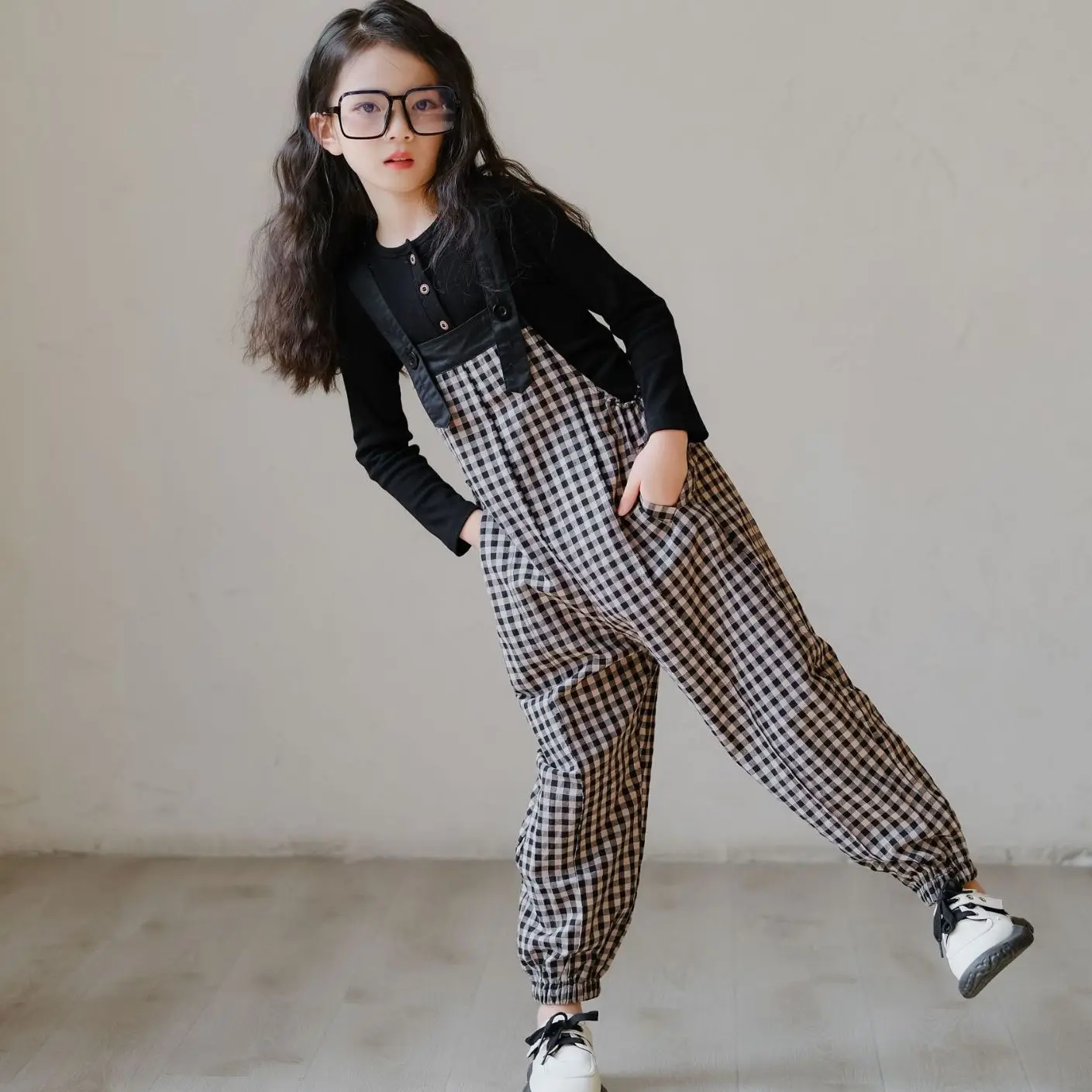 Spring Autumn Children Girl 2-piece Sets Teenager Girl Long Sleeve Undershirt+Checkered rompers Sets Girls From 4-12 Years Old