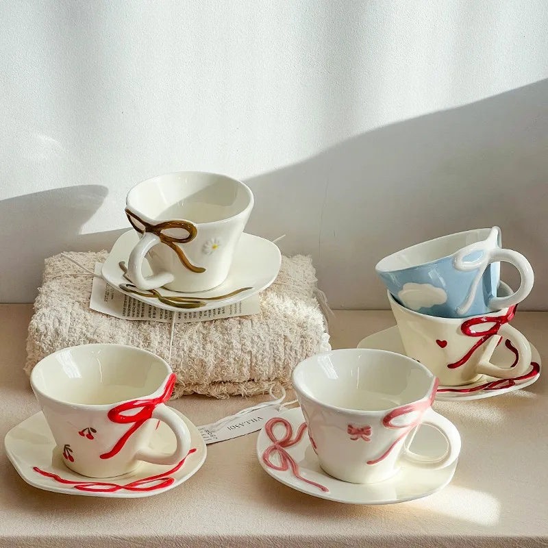 

Underglaze Color 3D Bow Ceramic Coffee Cup Saucer Set Large Capacity Latte Art Cups Heart Shaped Gift Water Cups