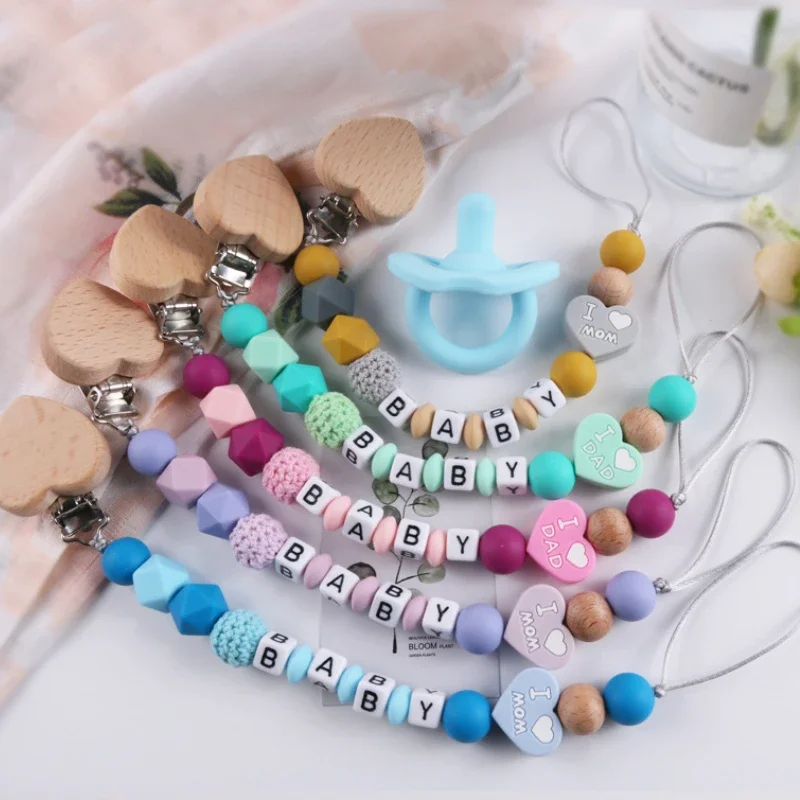 Personalized Name Baby Pacifier Clips Chain Silicone Heart Bead Dummy Nipple Holder Clip Newborn Accessories Soother Teether Toy