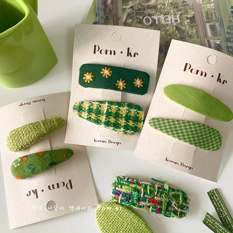 2pcs New Green Handmade Embroidered Fabric Flower Hair Clip for Girls Cute College Girl Plaid Hairpin Fashion Hair Accessories