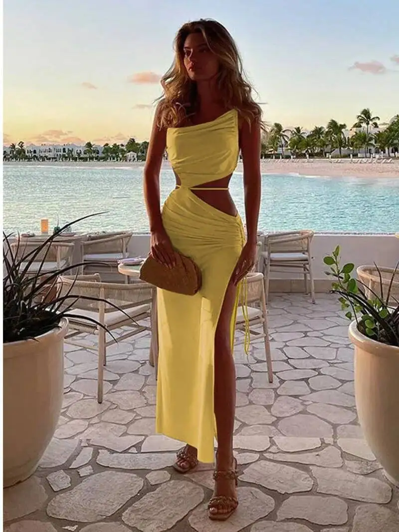 Elegant Sexy Hollow Drawstring Pleated Long Women Summer Vacation Outfit Club Party Split Style Long Dress Retro Vest Style L8P9