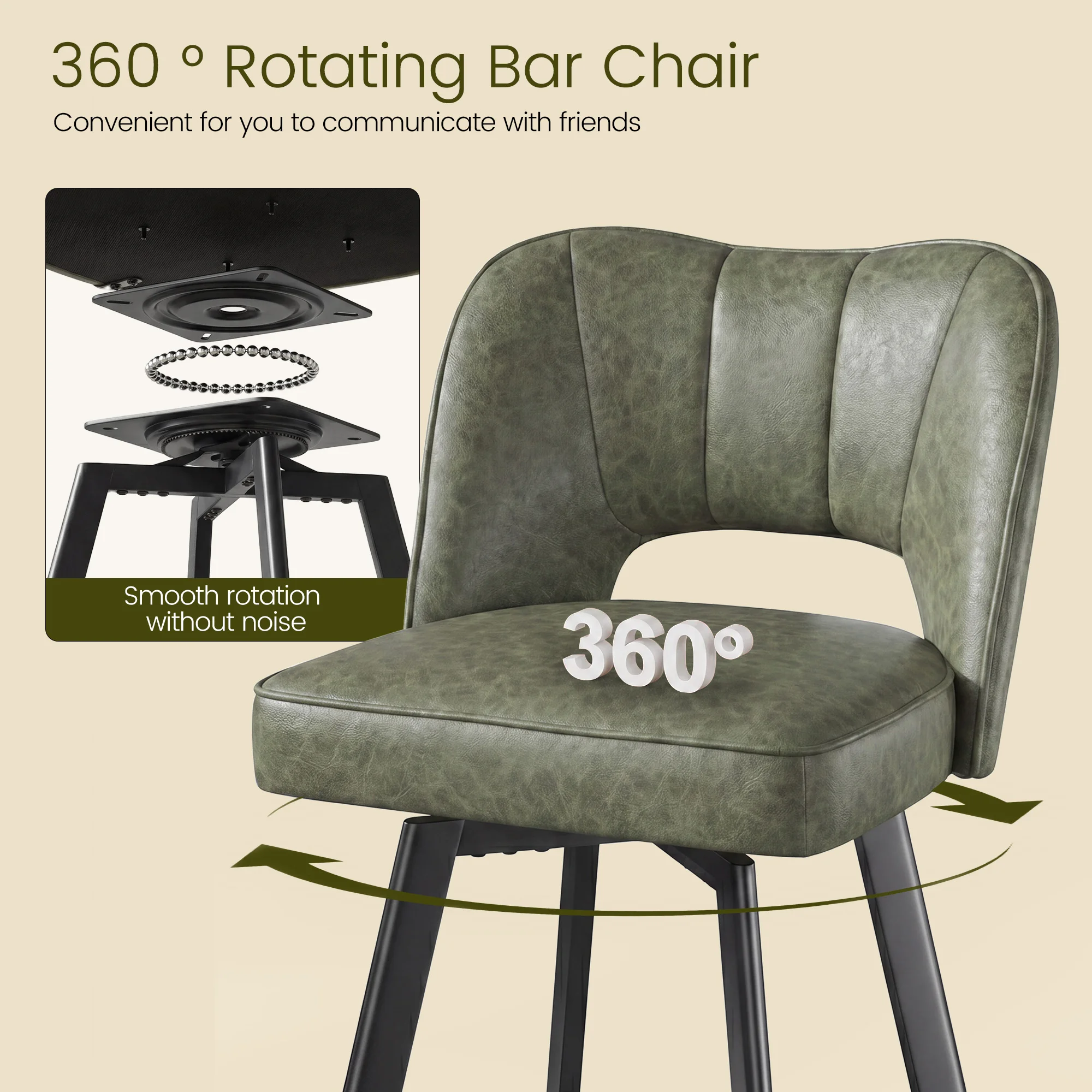 Set of 4 Bar Stools, Counter Height Bar Chairs with Curved Backrest & Footrest, Upholstered Modern Bar Stools for Kitchen Island, Black Metal Legs, Tan/Olive Green 6