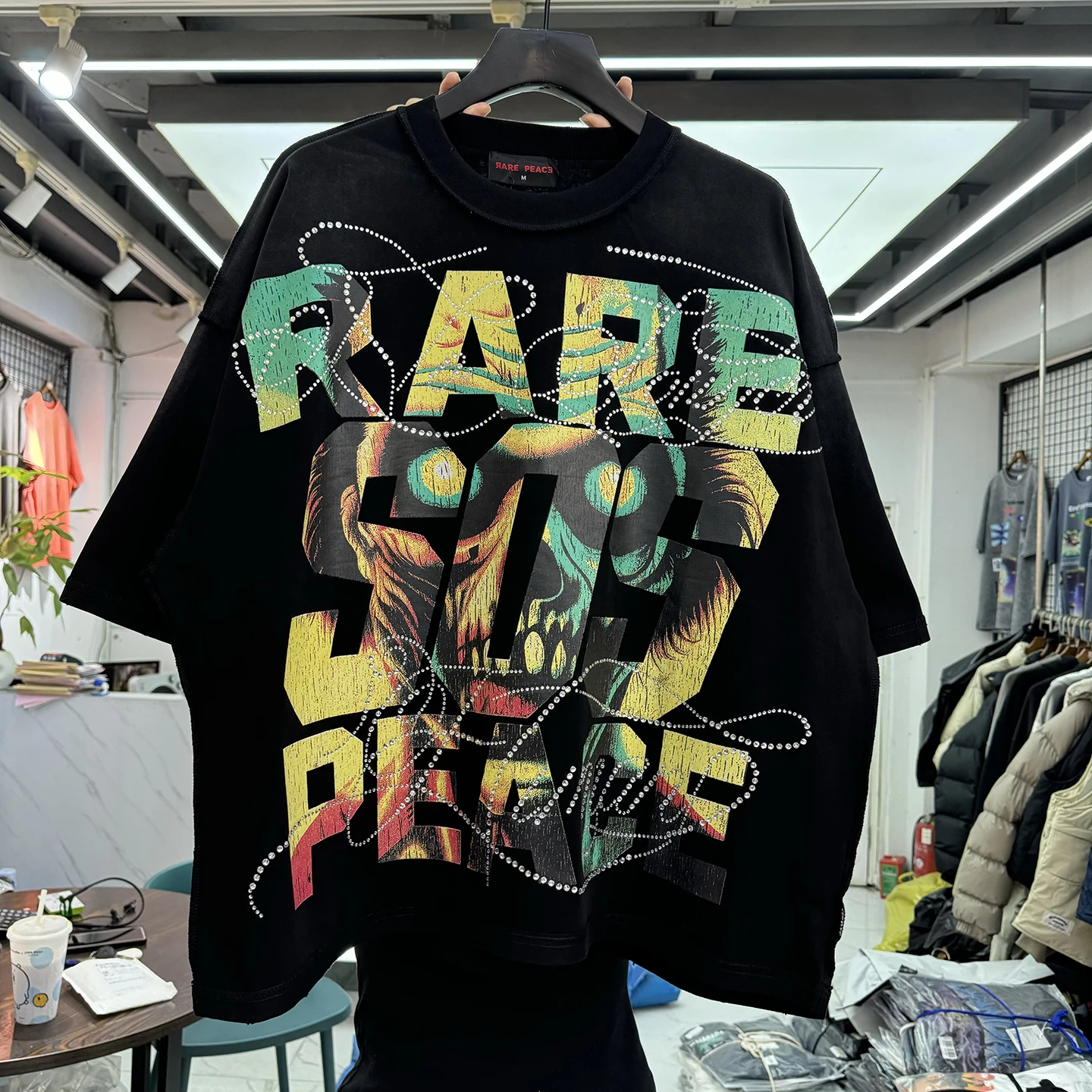 

Retro Washed Cotton Short Sleeve T-Shirt Glitter Letter Print American Style Oversize Wide Fit Breathable round Neck Top
